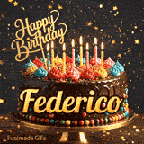 A customized birthday ecard for Federico displaying a rich chocolate cake with a sparkly dark background.