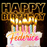 A vibrant animated GIF featuring a delicious birthday cake topped with glowing candles and the name 'Federico' in elegant script, and the words 'Happy Birthday' on the black background.