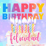 A vibrant animated name GIF with the words 'Happy Birthday Felicidad' with colorful candles on a creamy cake. The background sparkles with pastel shades, adding a festive touch.