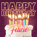 A colorful birthday cake topped with lit candles, with the words 'Happy Birthday Felicie' in bold glowing letters on a burgundy background. Animated flames add a festive touch.
