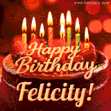 Beautifully decorated red velvet berry birthday cake with vibrant fruits and a glowing 'Felicity' name, adding a touch of sweetness and sparkle.