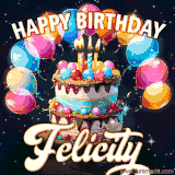 Bright birthday animation for Felicity with a chocolate cake, candles, balloons, and glowing celebratory lights.