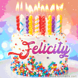 A cheerful white birthday cake with multicolor sprinkles, lit candles, and 'Felicity' written in vibrant letters, in an animated GIF.