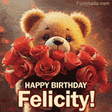 Cinematic style cute animated teddy bear with charming features holding a large bouquet of red roses, the words say 'Happy Birthday Felicity' in sans serif font.