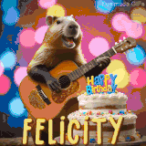 Animated birthday GIF showing a capybara playing guitar and singing beside a birthday cake with the name Felicity in large letters and colorful bokeh lights in the background.