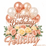 Animated Happy Birthday Felicity greeting card with moving balloons and roses