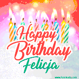 Bright birthday candles with rainbow flames on a cake, alongside the text 'Happy Birthday Felicja' in vibrant script in this celebratory animated GIF.
