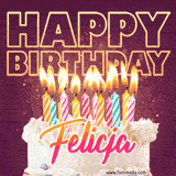 A colorful birthday cake topped with lit candles, with the words 'Happy Birthday Felicja' in bold glowing letters on a burgundy background. Animated flames add a festive touch.