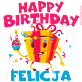 A vibrant and funny gift box character with a happy face dancing with a cupcake and the text 'Happy Birthday Felicja,' surrounded by animated confetti and party vibes.