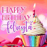 A vibrant birthday GIF featuring a rainbow-colored cupcake topped with white frosting, sprinkles, and a lit candle. The text reads 'Happy Birthday Felicyta' in bold pink and violet letters with white outline.