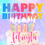 A vibrant animated name GIF with the words 'Happy Birthday Felicyta' with colorful candles on a creamy cake. The background sparkles with pastel shades, adding a festive touch.