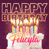 A colorful birthday cake topped with lit candles, with the words 'Happy Birthday Felicyta' in bold glowing letters on a burgundy background. Animated flames add a festive touch.