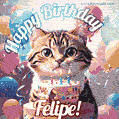 Happy birthday gif for Felipe with cat and cake