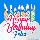 A cheerful animated GIF featuring colorful lit birthday candles on a white cake, with the text 'Happy Birthday Felix' in bold red and blue script on a bright blue background.
