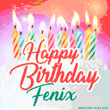 Bright birthday candles with rainbow flames on a cake, alongside the text 'Happy Birthday Fenix' in vibrant script in this celebratory animated GIF.