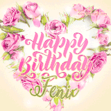 A stunning heart made of pink roses surrounds the elegant script text 'Happy Birthday Fenix' on a soft beige background. Animated sparkles add a magical and festive feel.