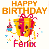 A vibrant and funny gift box character with a happy face dancing with a cupcake and the text 'Happy Birthday Fenix,' surrounded by animated confetti and party vibes.
