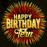 Golden 'Happy Birthday Fern' text accompanied by animated rainbow fireworks for a festive animated greeting.