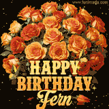 Animated bouquet of orange roses with moving butterfles and golden 'Happy Birthday Fern' text, surrounded by sparkling accents and a dark backdrop for a luxurious feel.