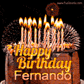 A rich chocolate cake topped with glowing birthday candles and surrounded by bright fireworks. The animated GIF displays the message 'Happy Birthday Fernando' in golden text.