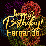 A vibrant display of multicolor fireworks with the text 'Happy Birthday Fernando' written in gold, glowing beautifully in front of the explosive background.