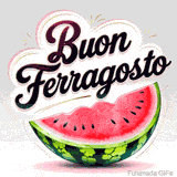 GIF animata con scritta 'Buon Ferragosto' in stile corsivo scuro, con contorno bianco e scintillii dorati, il tutto sopra una grande e succosa fetta di anguria.