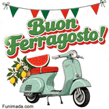 Una vespa verde menta con sella rossa trasporta una fetta di anguria e rami di limone sotto una ghirlanda tricolore con la scritta Buon Ferragosto.