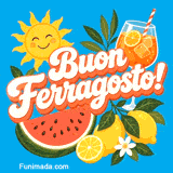 Grafica festosa di mezza estate con frutta fresca e fiori bianchi su sfondo azzurro, con grandi lettere bianche e arancioni che augurano Buon Ferragosto.