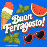 Simpatica immagine estiva con un cono gelato a tre gusti, una succosa fetta di cocomero, foglie verdi e occhiali da sole rossi a cuore su sfondo cobalto.