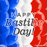 An animated GIF with the text 'Happy Bastille Day!' in a white font with a blue outline. The background is filled with shiny blue, white, and red balloons that gently float.