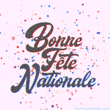 Animation GIF avec texte “Bonne Fête Nationale” au centre sur fond blanc, entouré de confettis rouges, bleus et violets qui tombent en continu.