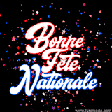 Carte animée festive avec message patriotique français au centre et pluie d’étoiles tricolores en mouvement sur fond sombre.