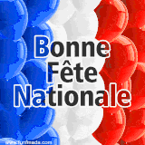 Animation colorée montrant des rangées de ballons rouges, blancs et bleus en mouvement, avec le message “Bonne Fête Nationale” en texte noir au centre.