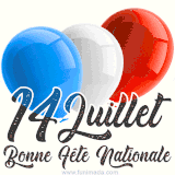 Image animée avec trois ballons aux couleurs bleu, blanc et rouge du drapeau français et le texte manuscrit “14 Juillet – Bonne Fête Nationale” en bas.