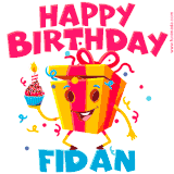 A vibrant and funny gift box character with a happy face dancing with a cupcake and the text 'Happy Birthday Fidan,' surrounded by animated confetti and party vibes.