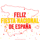 GIF animado con el texto 'Feliz Fiesta Nacional de España' en colores rojo y amarillo, sobre un fondo blanco con el contorno rojo del mapa de España y estrellas rojas y amarillas que brillan.
