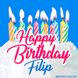 A cheerful animated GIF featuring colorful lit birthday candles on a white cake, with the text 'Happy Birthday Filip' in bold red and blue script on a bright blue background.
