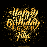 Animated GIF with colorful, festive 'Happy Birthday Filip' text decorated with patterns, a party hat, and falling confetti. A vibrant and cheerful design for birthday celebrations.