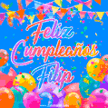 A vibrant animated GIF with 'Feliz Cumpleaños Filip' written in colorful script, surrounded by balloons, confetti, and bunting on a bright blue background.