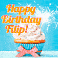 A cheerful animated GIF of a cupcake with creamy frosting, a red checkered ribbon, and a bright sparkler on top. The text 'Happy Birthday Filip!' is displayed in vibrant orange and red.