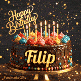 Sparkly birthday GIF of a chocolate frosted cake with burning candles on top and the name Filip in elegant writing.