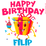 A funny animated birthday GIF with the words 'Happy Birthday Filipa', colorful gift box with arms and legs, holding a cupcake with a lit candle  with confetti everywhere.