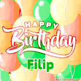 Animated GIF featuring colorful balloons in the background with the cheerful text 'Happy Birthday Filip'.