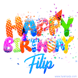 Animated GIF with colorful, festive 'Happy Birthday Filip' text decorated with patterns, a party hat, and falling confetti. A vibrant and cheerful design for birthday celebrations.