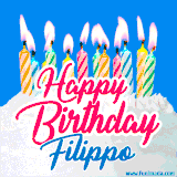 A cheerful animated GIF featuring colorful lit birthday candles on a white cake, with the text 'Happy Birthday Filippo' in bold red and blue script on a bright blue background.