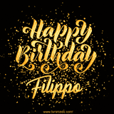 Animated GIF with colorful, festive 'Happy Birthday Filippo' text decorated with patterns, a party hat, and falling confetti. A vibrant and cheerful design for birthday celebrations.