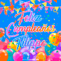 A vibrant animated GIF with 'Feliz Cumpleaños Filippo' written in colorful script, surrounded by balloons, confetti, and bunting on a bright blue background.