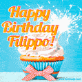 A cheerful animated GIF of a cupcake with creamy frosting, a red checkered ribbon, and a bright sparkler on top. The text 'Happy Birthday Filippo!' is displayed in vibrant orange and red.