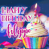 A festive animated GIF featuring a colorful cupcake with a single lit candle, sprinkles, and 'Happy Birthday Filippo' text against a sparkling, celebratory background.