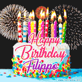 A lively happy birthday animated GIF showcasing a colorful birthday cake covered in sprinkles, topped with glowing candles, and surrounded by vibrant fireworks. The name 'Filippo' is featured in elegant script.